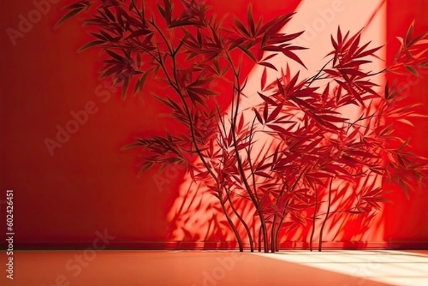 Fototapeta A red leafy plant in a red room. Generative ai
