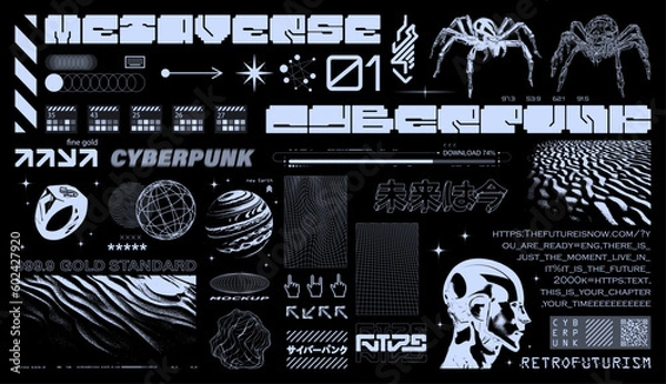Fototapeta Brutalizm, koncepcja retrofuturystyczna, Y2K. Futurystyczne elementy graficzne, kształty geometryczne, tekstury, cyfrowe napis. Zestaw elementów graficznych cyberpunk. Tłumaczenie z japońskiego - Cyberpunk. Wektor y2k