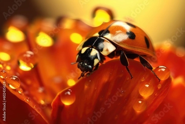 Fototapeta A ladybug on a flower with a yellow background Generative AI