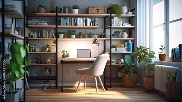 Fototapeta A cozy and well-organized home office with a modern desk, ergonomic chair, and stylish office supplies. Generative ai