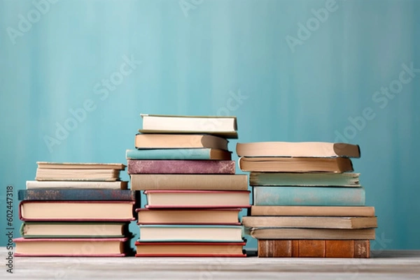 Obraz a stack of books on a shelf with a blue wall, school learn knowledge and education through book knowledge. Generative AI