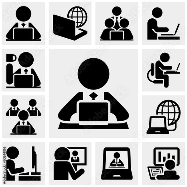 Fototapeta Working on computer vector icons set on gray