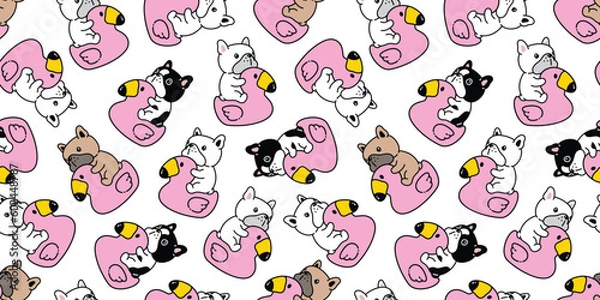 Fototapeta dog seamless pattern french bulldog flamingo swimming ring inflatable pet puppy doodle vector cartoon gift wrapping paper tile background repeat wallpaper scarf isolated illustration design