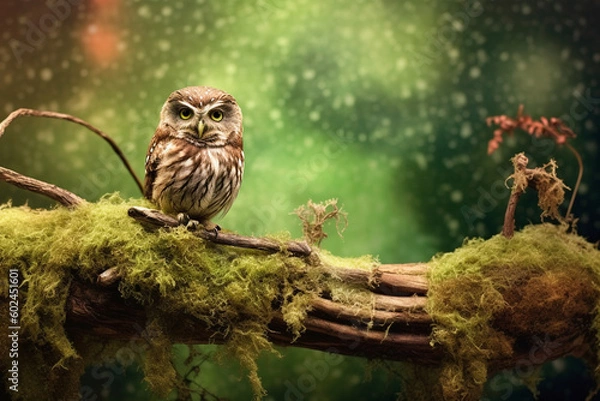 Obraz Wise owl perched on a moss-covered branch made with generative ai