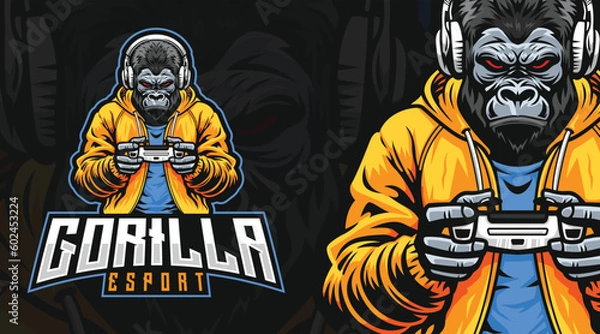 Obraz esports, e-sports logo of a gorilla wearing hoodie and headphone holding a joystick or game pad or gaming controller