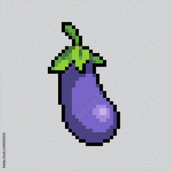 Obraz pixel art eggplant. Eggplant vegetables pixelated design for logo, web,
mobile app, badges and patches. Video game sprite. 8-bit. Isolated vector illustration.
