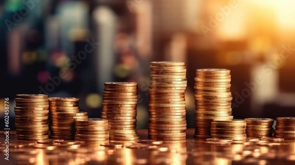 Fototapeta Stacking and pile of gold coins on the table