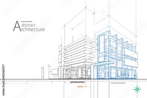 Fototapeta 3D illustration abstract modern urban building out-line drawing of imagination architecture building construction perspective design. 