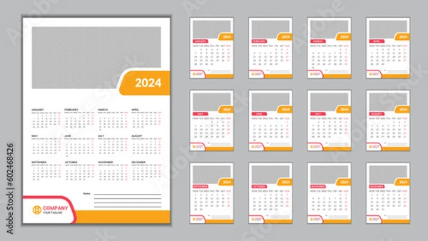 Fototapeta 2024 Wall Calendar Design Template 11.69 in x 16.54 in with 0.25 in Bleed