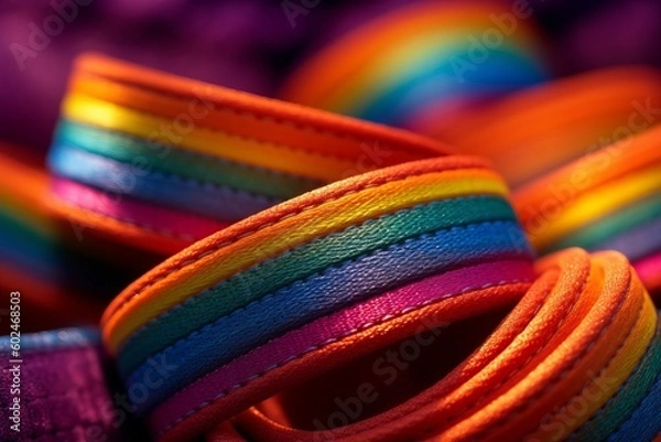 Fototapeta Still life of rainbow wristbands macro shot in studio lighting with depth of field, Ai generated