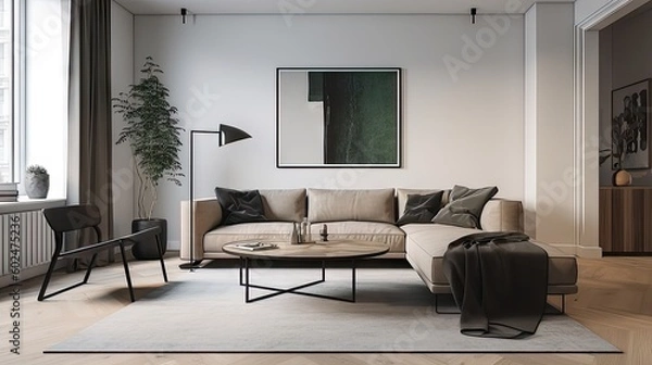 Fototapeta Harmony in Simplicity: A Cozy Minimalistic Living Room 2. Generative AI