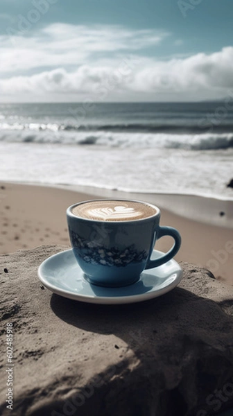 Fototapeta Coffee on blue saucer with sea view on background. Generative AI image