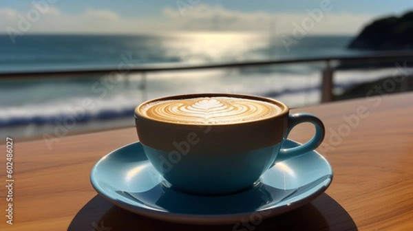 Fototapeta Coffee on blue saucer with sea view on background. Generative AI image