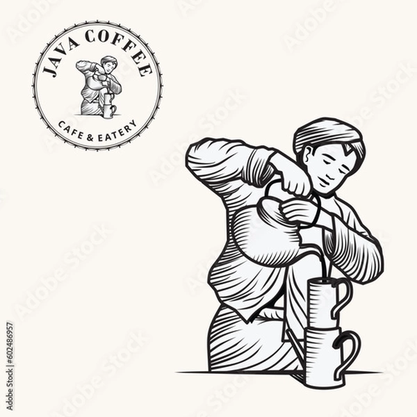 Obraz illustration of traditional Javanese man poring coffee to a filter the old fashion way