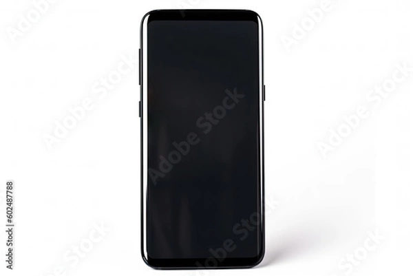 Fototapeta Hand holding a black smart phone with blank screen isolated on white background