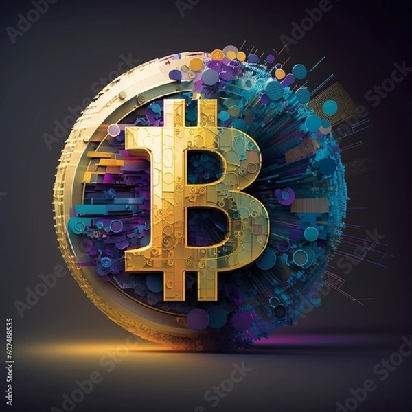 Obraz A captivating 3D depiction of a golden Bitcoin, symbolizing the digital currency revolution. Its dynamic purple and blue tones exude financial progress and innovation and influence on global economy