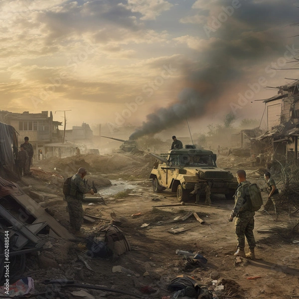 Obraz In the aftermath of war's devastation, a post-apocalyptic world emerges. Amidst the ruins and military remnants, survivors face the horrors of destruction, pollution, and fear.