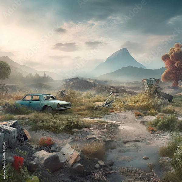 Obraz illustration of the  scars of war's destruction, nature reclaims its beauty. In a post-apocalyptic landscape, serenity emerges, offering respite from past horrors