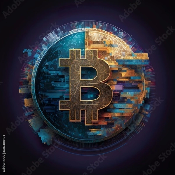 Obraz A captivating 3D depiction of a golden Bitcoin, symbolizing the digital currency revolution. Its dynamic purple and blue tones exude financial progress and innovation and influence on global economy