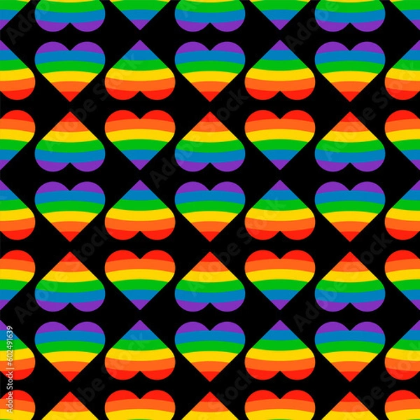 Fototapeta Seamless Pattern Background BG Rainbow Heart Love Pride Month. Multicolored LGBT LGBTQIA Tolerance. Colorful Wrapping Present Gift Paper. LGBT+ Geometric Wallpaper Design.