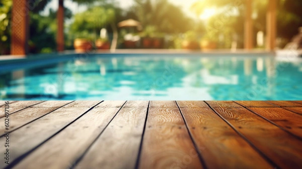 Fototapeta Empty wooden surface with summer travel hotel swimming pool background. Generative ai