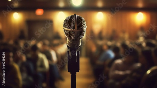 Obraz A microphone in front of an audience. Comedy music and theater live performance. Generative Ai