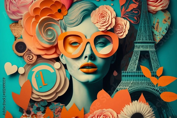 Obraz Paper art floral collage. Young woman colorful flowers. Eiffel tower background. Generative AI 