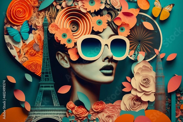 Obraz Beautiful fashion woman with huge sunglasses and Paris Backgrongnd. Paper art, floral collage. Generative AI