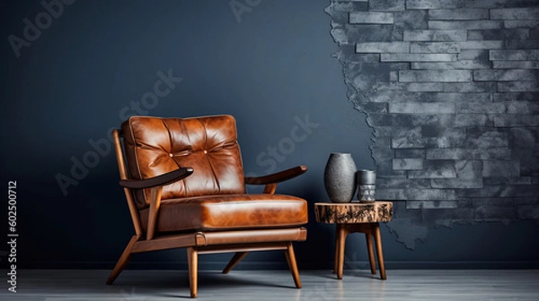 Obraz A beautiful and stylish brown leather armchair in front of a dark grey empty wall. Generative Ai