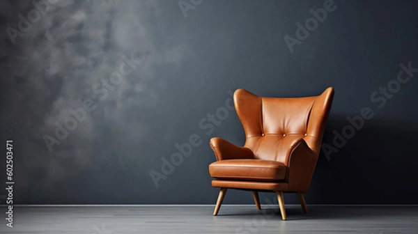 Obraz A beautiful and stylish brown leather armchair in front of a dark grey empty wall. Generative Ai