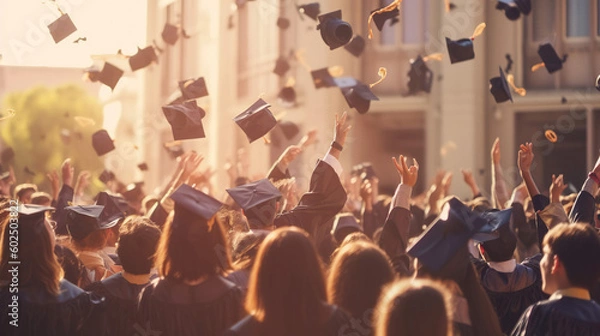 Fototapeta A group of students celebrating their graduation by throwing caps in the air closeup. Generative AI