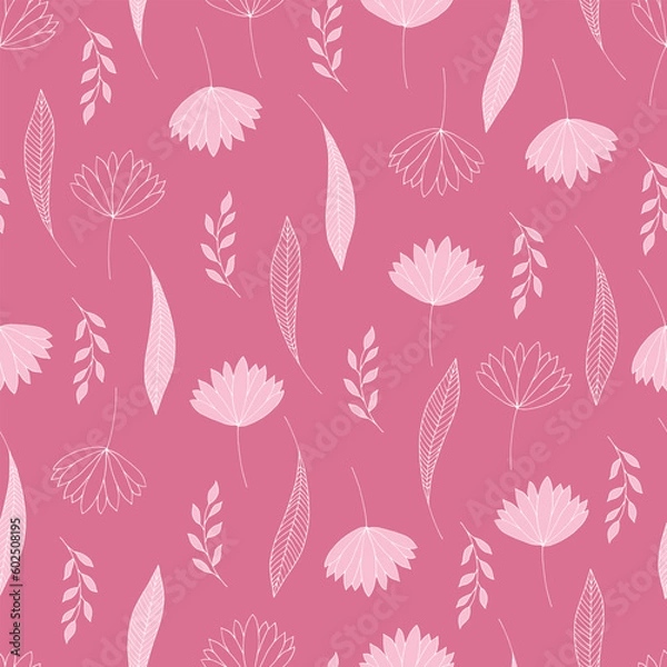 Fototapeta Seamless pattern with leaves and twigs. Hand-drawn cute pink background.