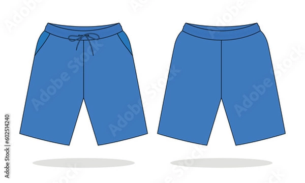 Fototapeta Blank Blue Running Shorts Pants Template On White Background.Front And Back View, Vector File.