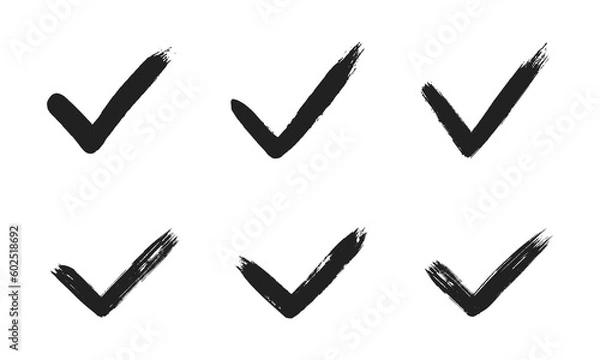 Fototapeta Dirty grunge hand drawn tick v with brush strokes vector illustration set isolated on white background graphic design. Check mark symbol YES button for vote in check box, web, etc.