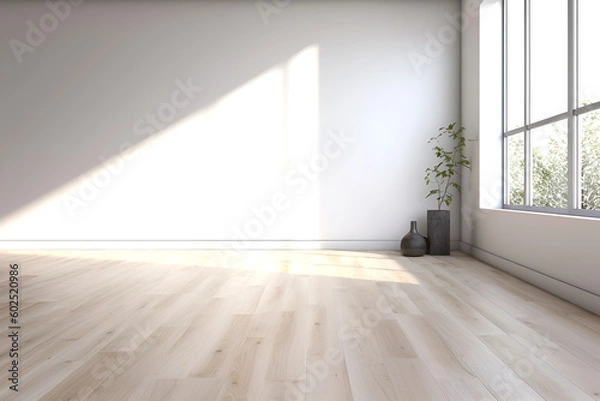 Fototapeta Creative interior concept. Abstract white light room and oak wooden flooring with interesting light shadow from window. Template for product presentation. Mock up 3D rendering	