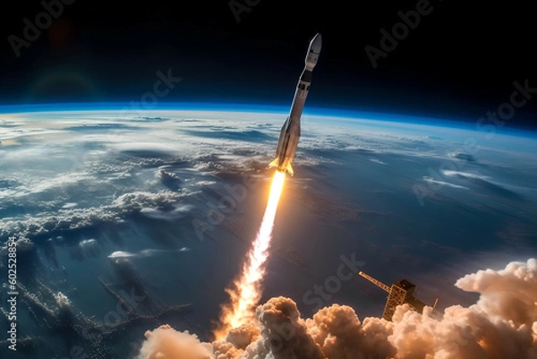 Obraz Impressive spaceship launch from Earth, seen from above, Generative AI