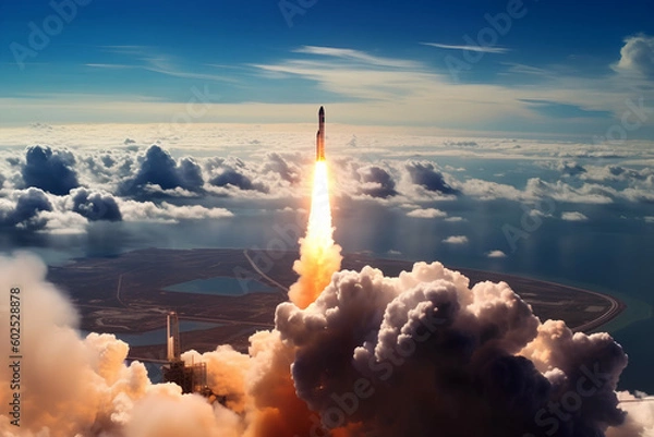 Obraz Impressive spaceship launch from Earth, seen from above, Generative AI