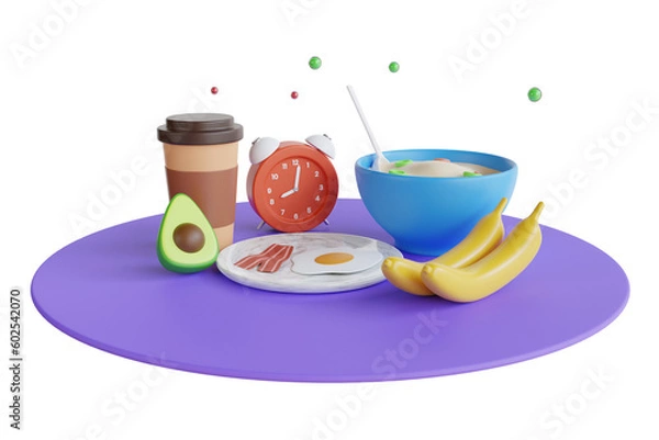 Obraz 3D Illustration of breakfast at home with cereals, milk and fresh fruit. Set of breakfast on the table . 3D Illustration