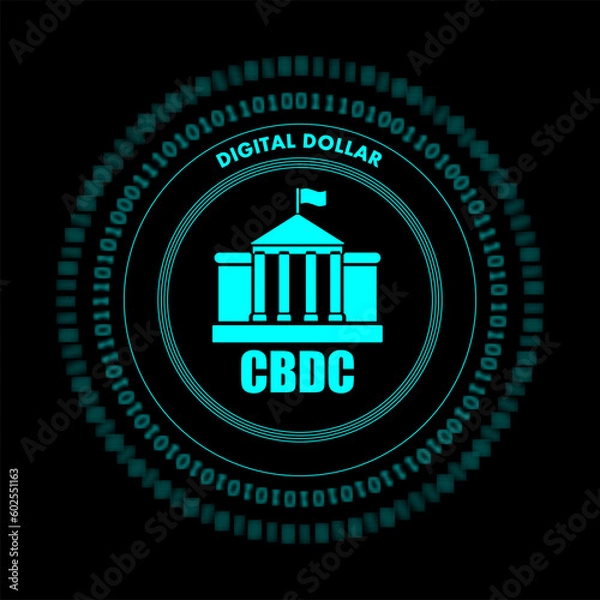 Obraz CBDC Cyber Dollar. Central Bank Digital Currency. Dark neon light theme coin. Privacy threat. Wire money vector illustration.