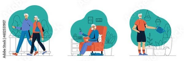Fototapeta Grandparents walking outside, reading book at home, watering flowers vector set