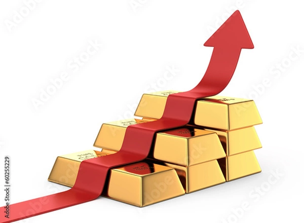 Fototapeta Gold bars stairway and upward arrow