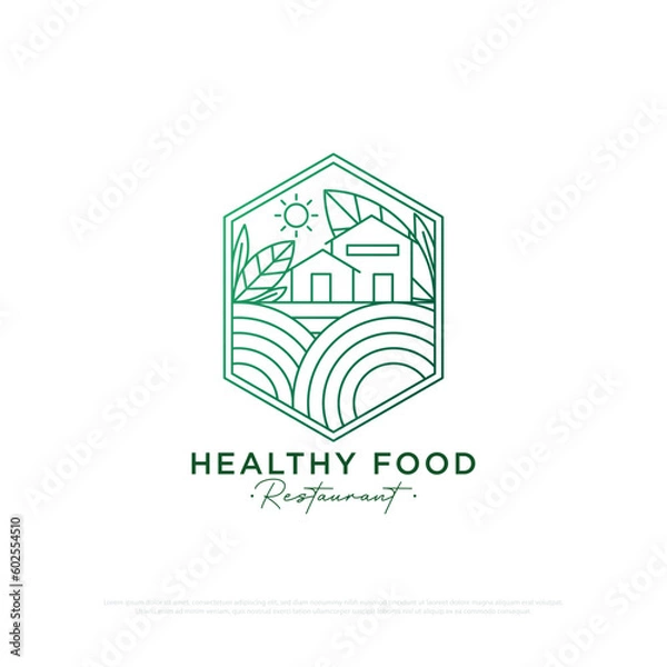 Fototapeta Organic Food Restaurant logo design with line art style , a restaurant with a rural concept that provides traditional organic food and drinks line art vector illustration