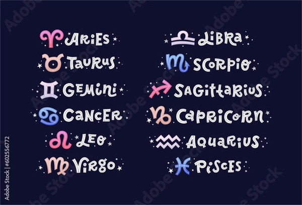 Fototapeta White doodle hand lettering of zodiacal sings with stars and color symbol on deep blue background. Set of flat vector illustration EPS 10.