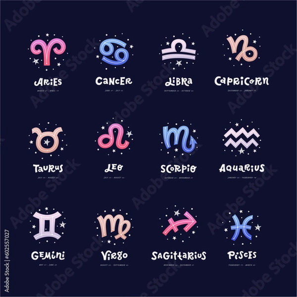 Fototapeta Color sings of zodiac with dates and doodle hand lettering on deep blue background. Flat vector illustration EPS 10.