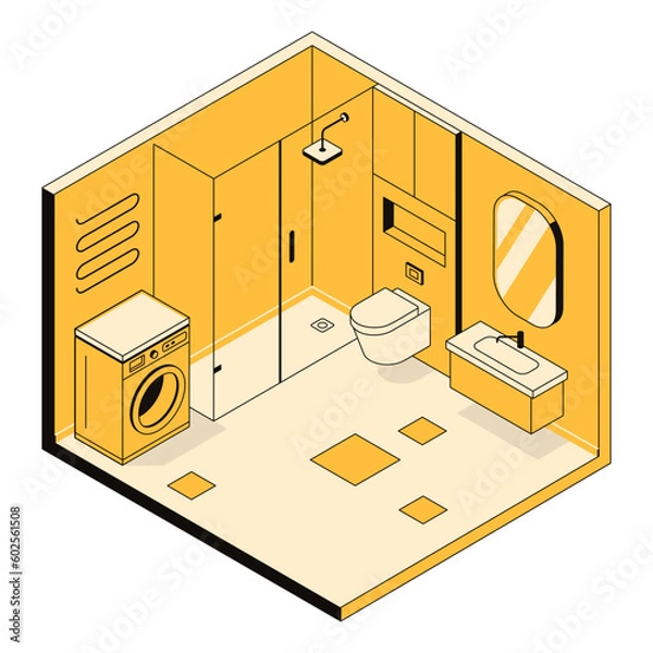 Fototapeta 3d modern bathroom interior concept with shower cabin, arrangement of furniture and plumbing. Household items and appliances in the indoor environment. Vector linear isometric illustration, line art