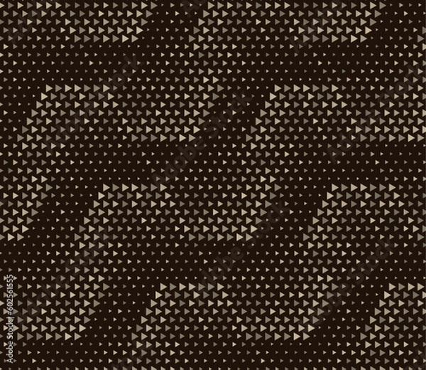 Obraz Vector pattern of hexagons and small triangles of different shades of beige, different diameters on a dark background, geometric seamless background, there are seamless fragments under the clipping ma