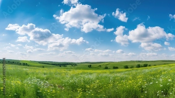 Obraz Summer sunny background with blue sky and green meadow 
