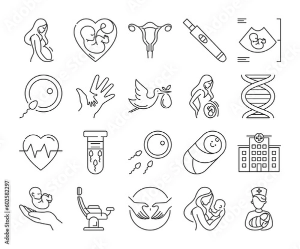 Obraz Pregnancy icon set vector isolated. Collection of line symbols, female person adn newborn. Pregnancy test, embryo in ultrasound. Sperm in test tube, mother touching bell and chair for gynecology.