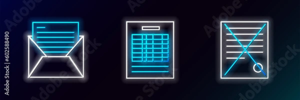 Fototapeta Set line Delete file document, Mail and e-mail and Report icon. Glowing neon. Vector