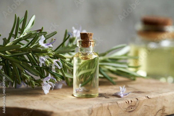 Fototapeta A bottle of rosemary essential oil on a table